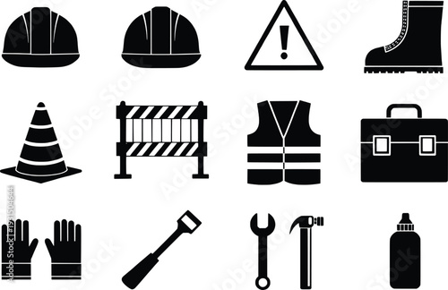 Collection of black safety equipment and tools icons on white background