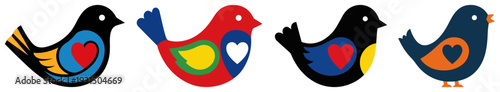 Set of four colorful bird icons with heart motifs in traditional Slavic folk art style