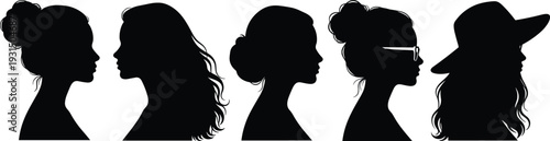 Collection of female profile silhouettes with various hairstyles including bun, long hair and hat, black vector illustration set isolated on white background