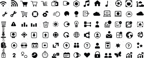 Collection of black and white representing various technology, communication, and utility symbols