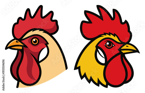 Two stylized rooster head portraits with bold outlines in traditional farm animal style
