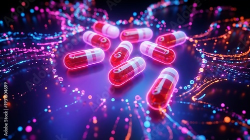 Digital health concept with red capsules and glowing data streams on a dark background.