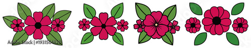 Collection of four pink floral motifs with green leaves in regional polish style