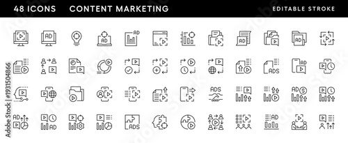 Marketing icon collection. Promotion icon set. Digital marketing, announcement, focus, research, search engine, promote and more. Editable stroke. Pixel Perfect. Grid base 32 x 32.