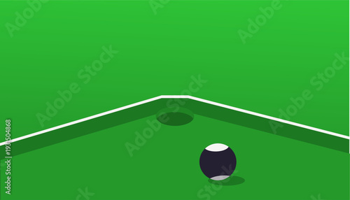 Black billiard ball on a green pool table near the corner pocket.