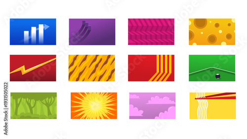 Collection of twelve vibrant abstract background designs for various digital and print applications.