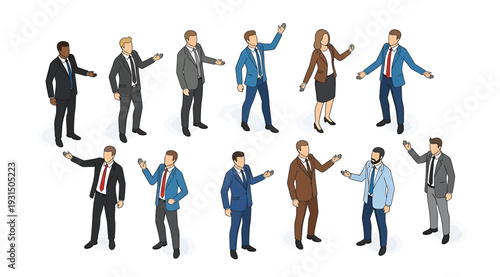 A group of diverse business professionals in various suits and attire standing isolated on white background with outstretched arms