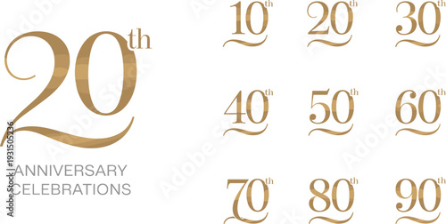 Gold and gray anniversary celebration numbers from 10th to 90th 20th
