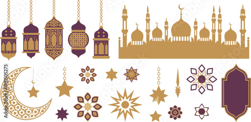 Golden and purple islamic lanterns, crescent moon, stars, and mosque silhouette