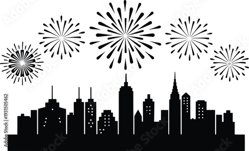 Silhouette of city skyline with fireworks in the night sky