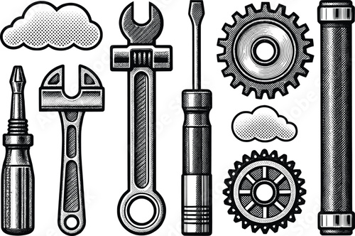 Illustration of various tools and gears in a mechanical setting