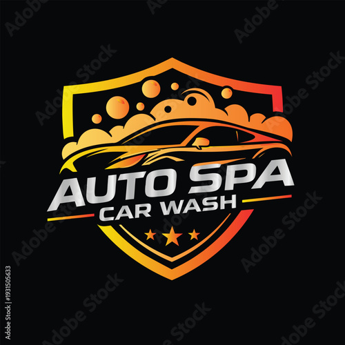 Vibrant auto spa and car wash logo with a shield and racing car design