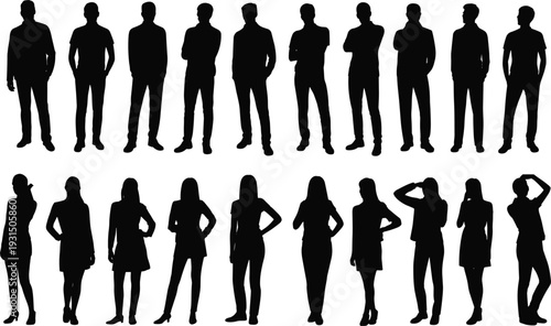 Silhouettes of men and women standing in various poses against a white background