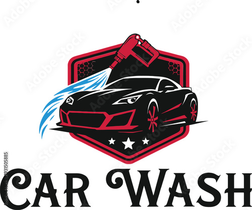 Dynamic car wash logo with a sleek black car and water effects