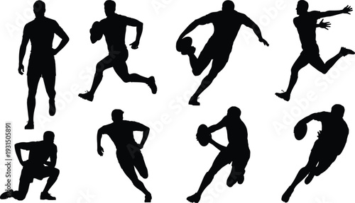 Silhouettes of people engaged in various sports activities running jumping
