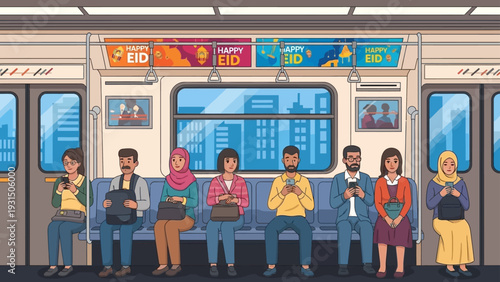 diverse commuters sitting on a subway train with happy eid banners engaged with their smartphones depicting modern urban public transport.