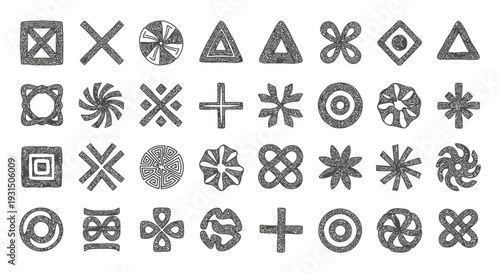 diverse collection of hand-drawn tribal symbols and ancient ethnic patterns perfect for cultural graphics projects