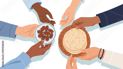 diverse hands sharing traditional dates and flatbread from a top-down view symbolizing unity community and cultural celebration.
