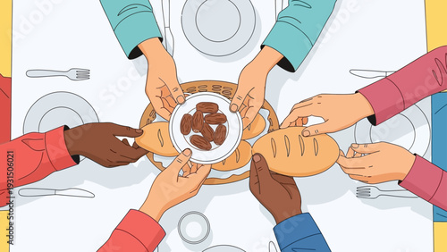 diverse hands sharing dates and bread around a table symbolizing unity community and multicultural friendship