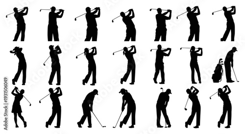 diverse silhouette collection of male and female golf players in various dynamic swing poses perfect for sports designs and active lifestyle illustrations