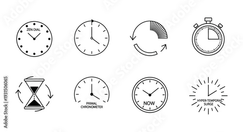 diverse time and chronometer icons illustrating temporal concepts zen primal now and hyper-temporal surge ideal for design resources.