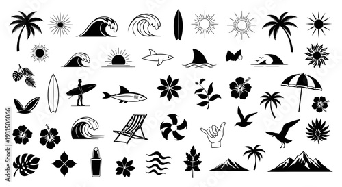 diverse set of summer and beach themed icons perfect for tropical travel and vacation graphic designs