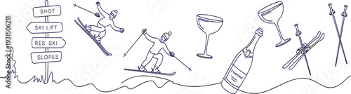Skier enjoying slopes with champagne glasses and ski equipment skiing ski lift ski resort