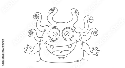 Funny Cartoon Monster with Tentacles and Big Eyes - Line Art