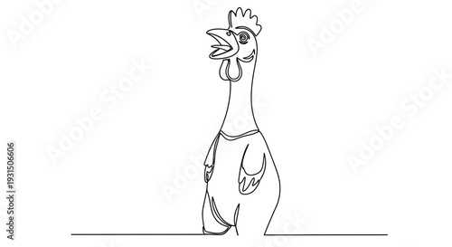 Continuous line drawing of a rubber chicken with its mouth open, funny toy