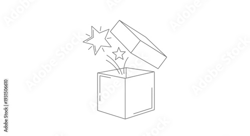 Surprise gift box opening with stars and sparkles, line art illustration