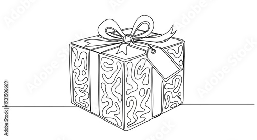 Continuous Line Drawing of a Gift Box with Ribbon and Tag, Minimalist Style