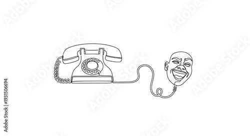 Vintage Rotary Phone Connected to a Smiling Face Line Art