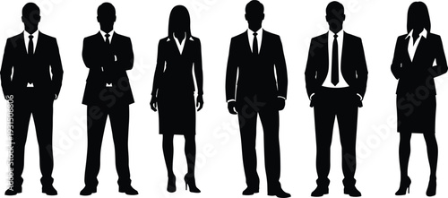 Set of professional business people silhouettes in formal suits standing isolated on white background for corporate leadership and teamwork concepts (20 words)