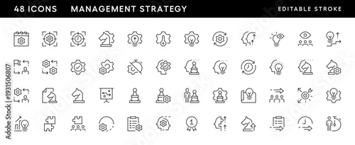 Management strategy outline icon collection. Teamwork, productivity, target, focus, communication, leadership and more. Editable stroke. Pixel Perfect. Grid base 32 x 32.