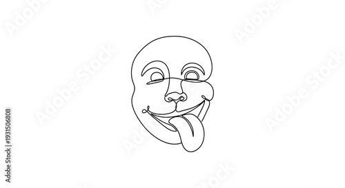Funny Face Line Art Drawing, Tongue Out, Minimalist Style, White Background