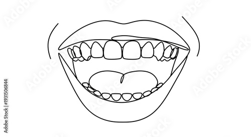 Open Mouth, Smiling, White Teeth, Line Art Illustration, Minimalist Design