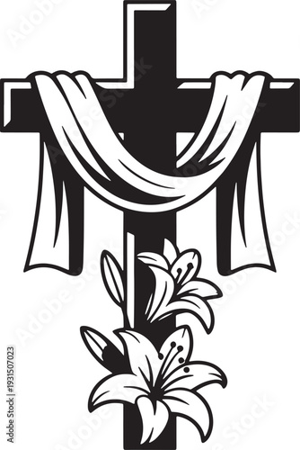 A simple black cross with draped cloth and lily flowers below it