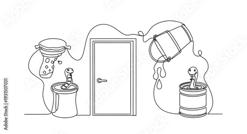 Whimsical Snake Character Emerging from Paint Cans Next to Door