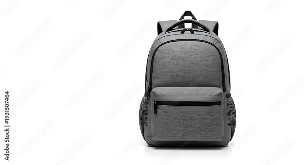 Fototapeta premium Modern gray backpack with multiple pockets and zippered compartments displayed on white background