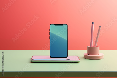 A simple desk scene with a smartphone and pen against a soft-colored background.