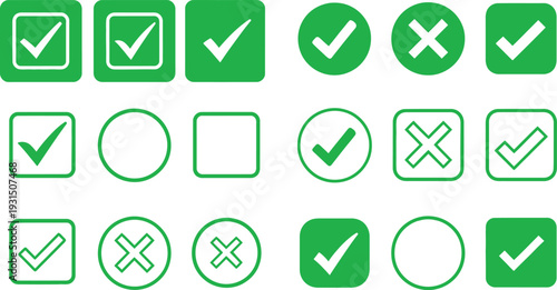 Green checkmark and cross icons in various shapes and colors on a white background
