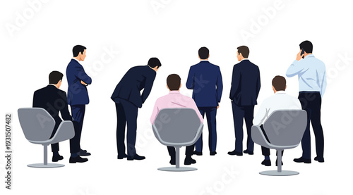 Businessmen standing and sitting in office chairs isolated on white background