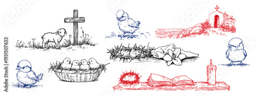 Set of Easter sketches and Christian symbols featuring chicks cross lamb and crown of thorns