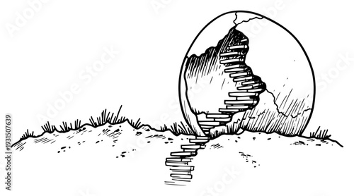 Symbolic sketch of a broken egg with stairs representing the resurrection and empty tomb for Easter