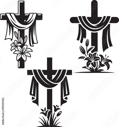 A black cross draped with fabric and adorned with white lily flowers below