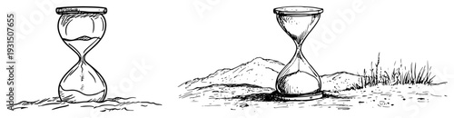 Vintage hand drawn sketch of an hourglass representing the passing of time in a mountain landscape
