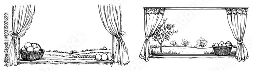 Set of sketches showing a window view with curtains and Easter egg baskets overlooking a spring garden