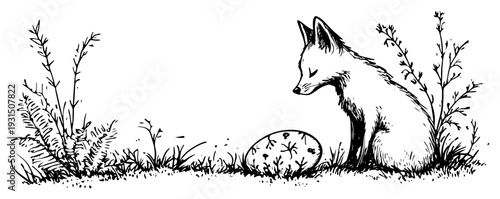 Hand drawn doodle of a cute fox sitting in the grass next to a large Easter egg