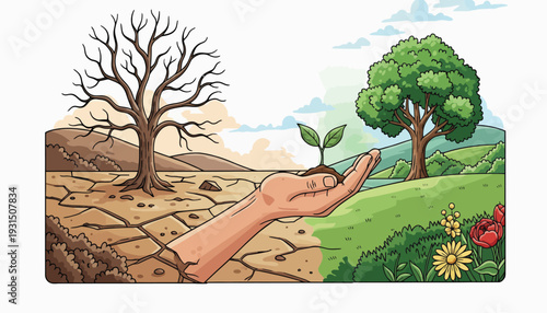 Hand nurturing a tiny plant, symbolizing growth and renewal from barren land to lush green landscape, embodying hope and environmental care