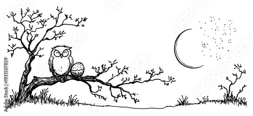 Hand drawn sketch of an owl on a tree branch at night with a moon and Easter egg